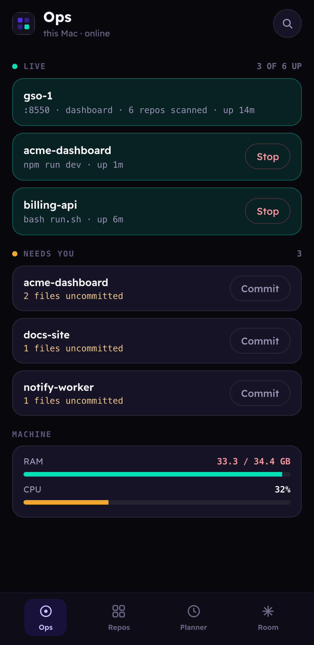 The GSO-1 phone companion showing running applications, repositories needing a commit, and live RAM and CPU