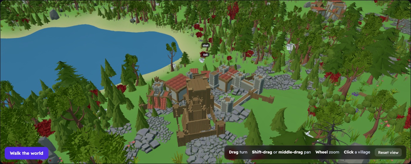 A walled castle with stone towers and a
          gate, standing beside a lake, with a trodden stone path leading up to it through the
          trees.