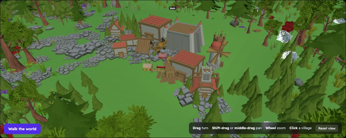 A village of market stalls, a windmill
          and a watchtower, with a small robot figure at work among them and stone paths running
          between the buildings.
